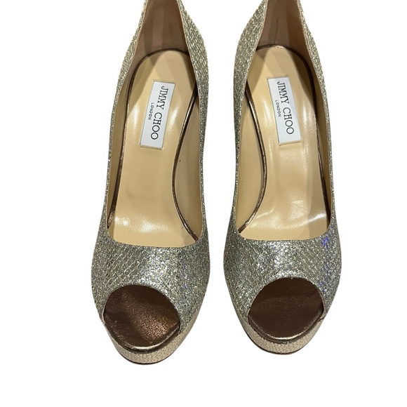 Jimmy Choo Luna Peep Toe Pumps in Champagne Glitter - Picture 1 of 7